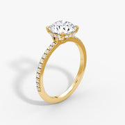 Round Cut - Pave Band Hidden Halo - Classic Engagement Ring- 14 K Gold